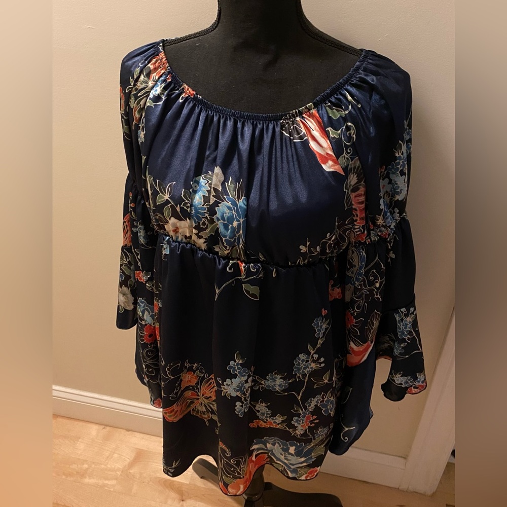 New Pink Blossom Navy 100% Silk Top Blouse